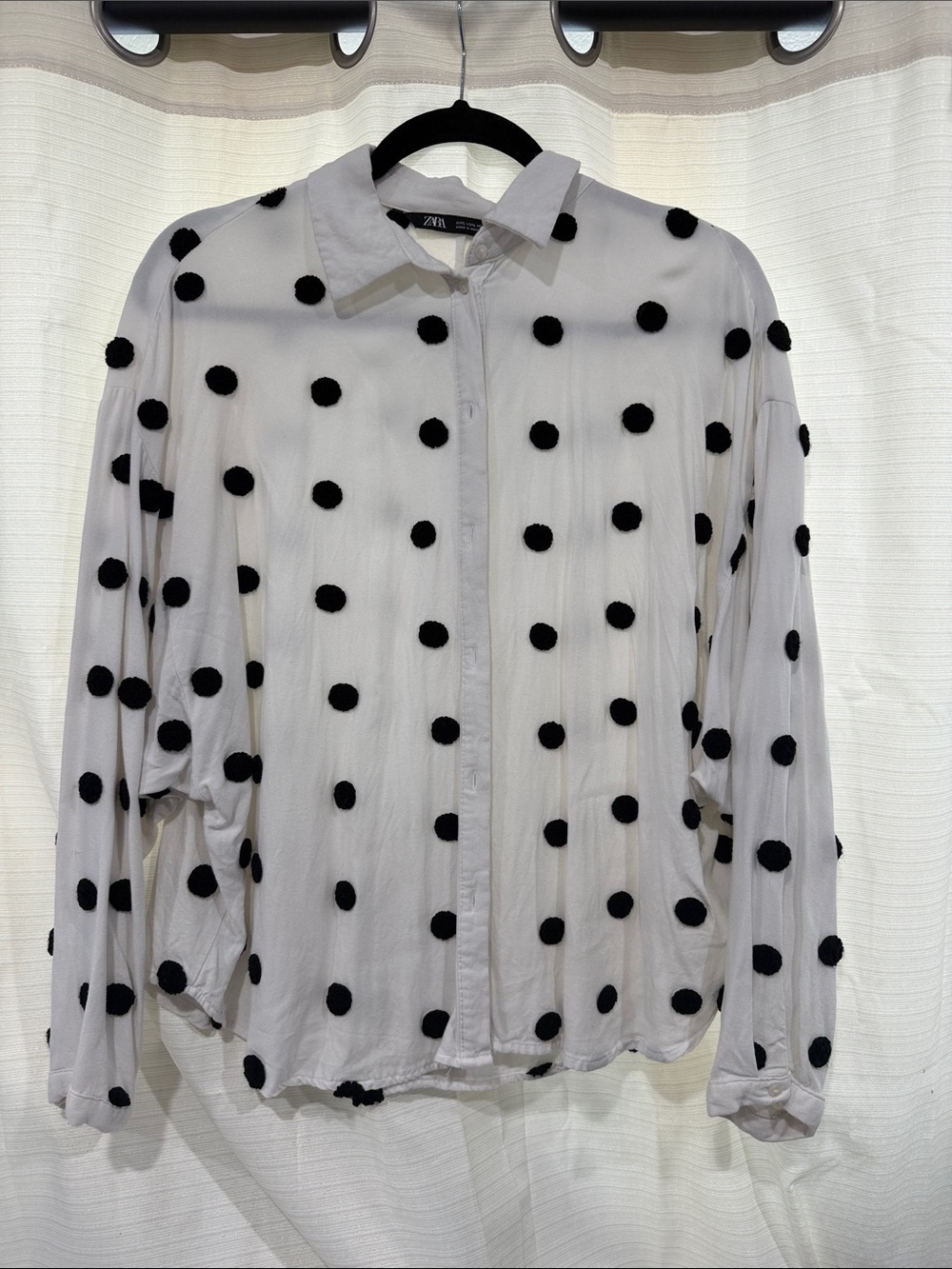 Zara White Button-Down Shirt with Black Pom-Pom Dots